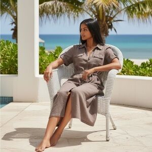 100% Linen Brown Safari Shirt Dress Midi Button-Up Laura Clement French Design